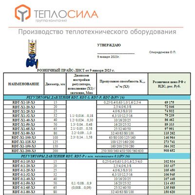 Прайс-лист на продукцию ГК ТЕПЛОСИЛА